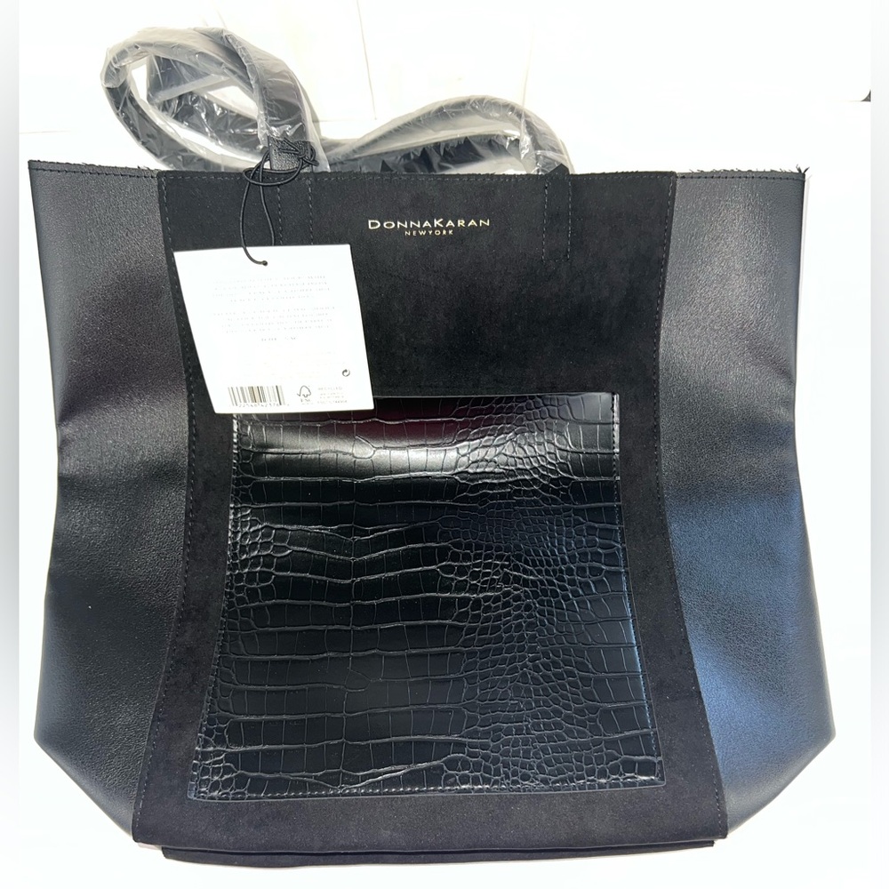 Donna Karan Cashmere Mist Faux Leather Suede Tote Shoulder Bag Croco Pocket NWT